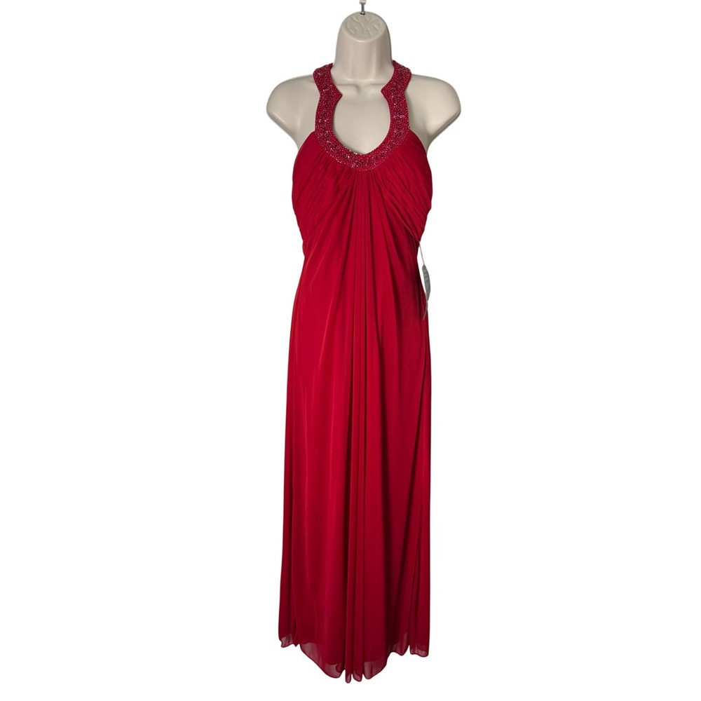 NWT Xscape Beaded Halter Neck Gown Red Sz 10P Formal Open Back Maxi Dress